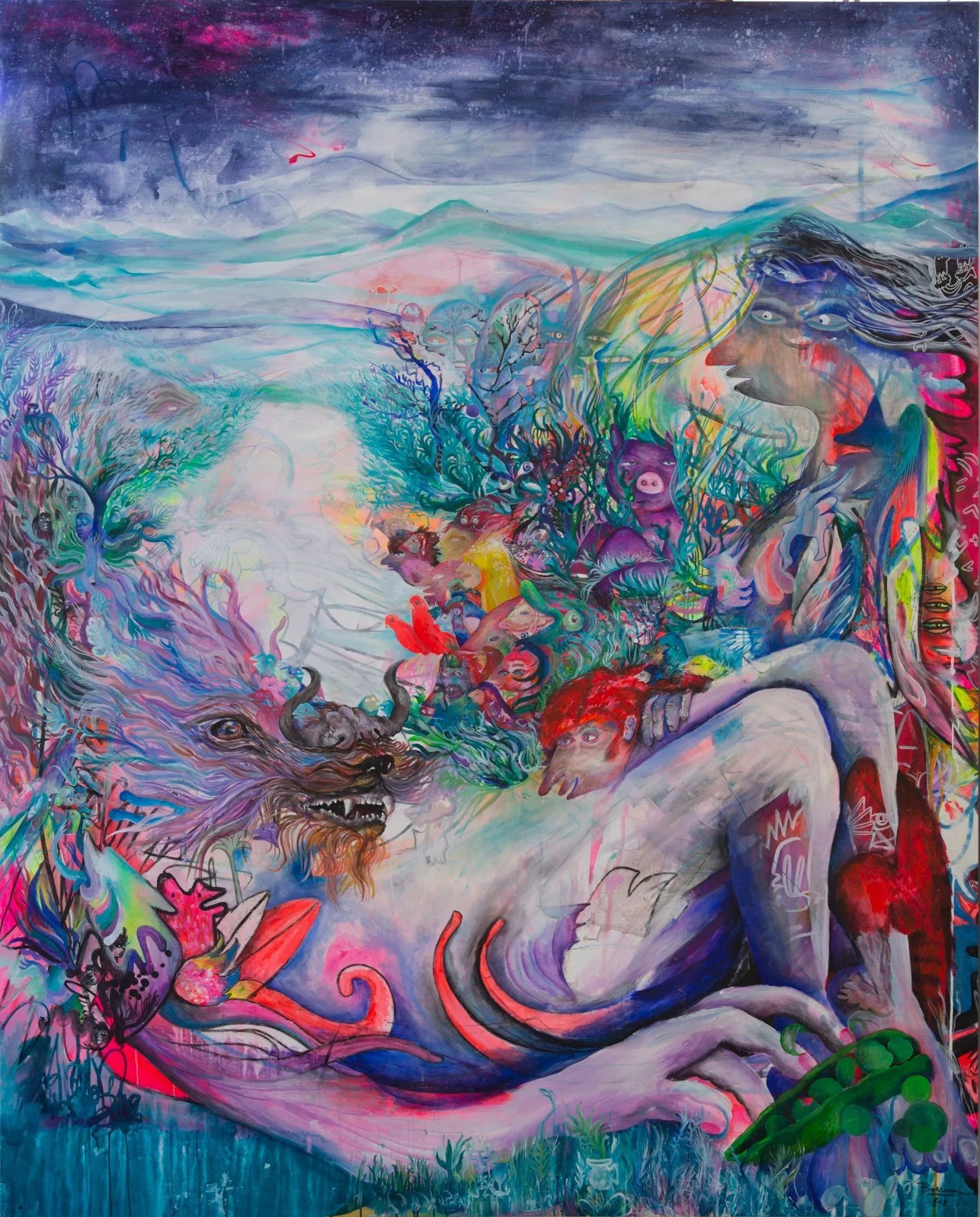 Figura femenina recostada en un paisaje surrealista junto a un dragón y criaturas fantásticas, con montañas al fondo bajo un cielo oscuro.