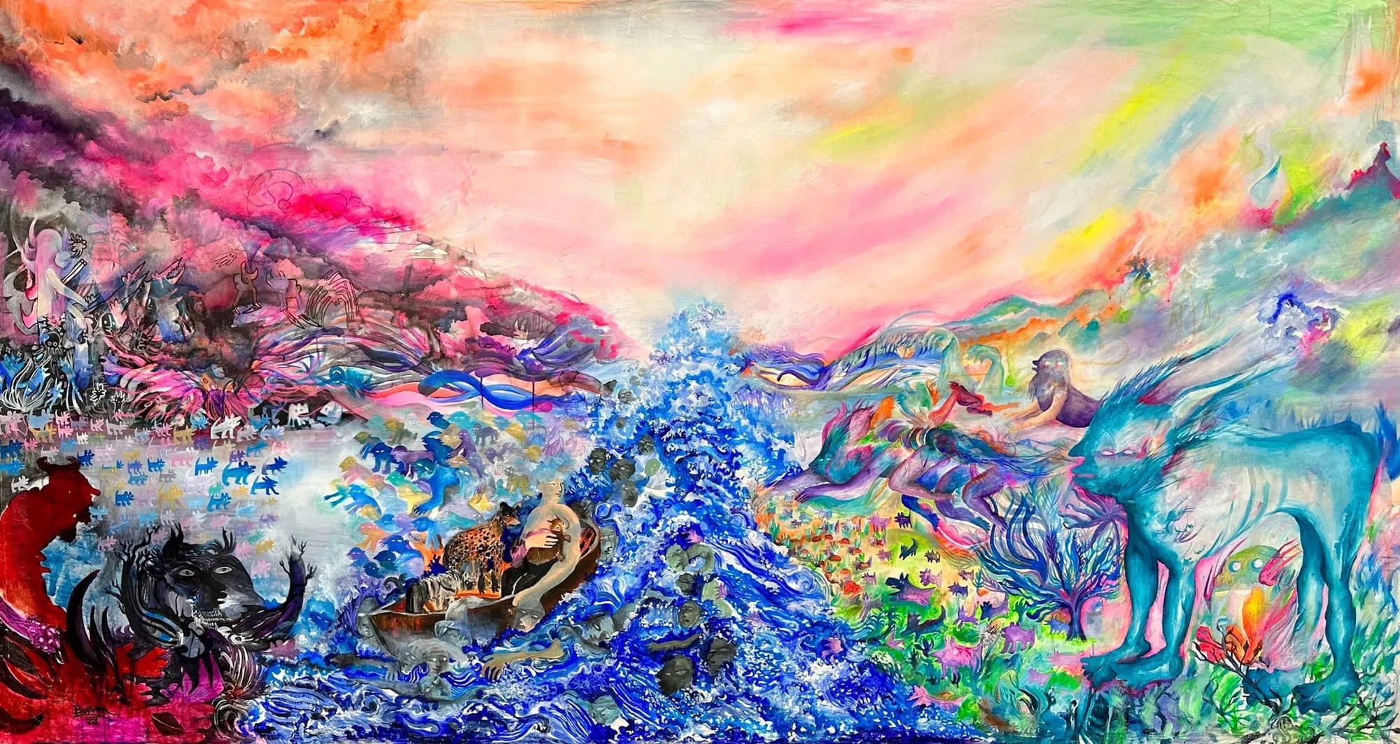 Gran pintura panorámica con un río azul central, figuras humanas, animales y criaturas híbridas distribuidas a ambos lados en un paisaje de colores vibrantes.